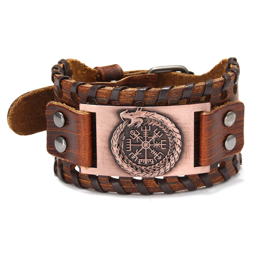 The Viking Dragone Compass Vegvisir Adjustable Metal Buckle Wide Genuine Leather Cuff Bracelet for women men