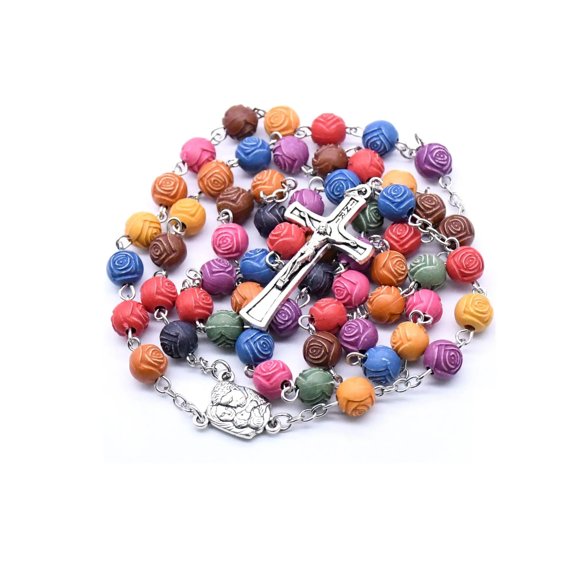 8mm Holy Family Rose Beads Rosary Christ Cross Necklace Holy Church Prayer Beads