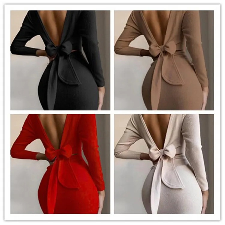 western fashion dresses outfitslong sleeve back open bow sexy mini dress women