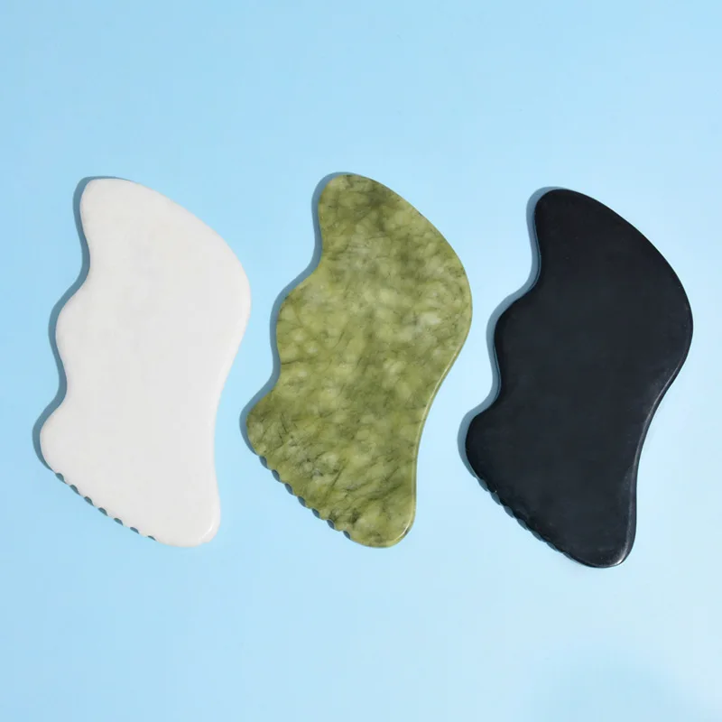 Cheap Custom logo Wave Black Gua Sha Visage Avec Logo White Jade Gua Sha Facial Tool With Teeth Dark Green Jade Guasha Stone