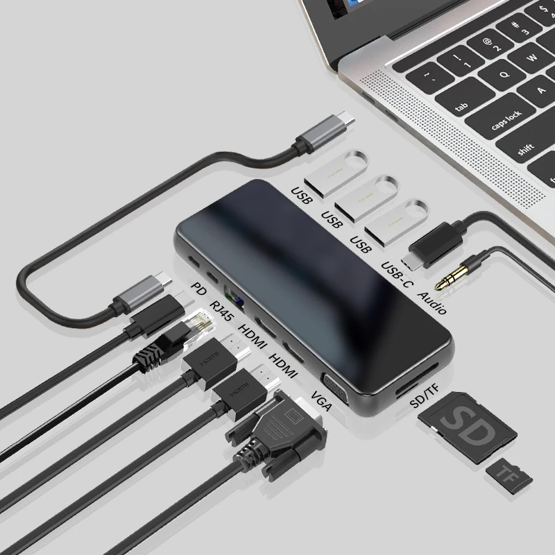 Wholesale USB Adaptor C USB 3.0 Multiport Hub Adapter Compatible VGA PD 12 ports docking station USB Hub 12 in 1 Type c Hub
