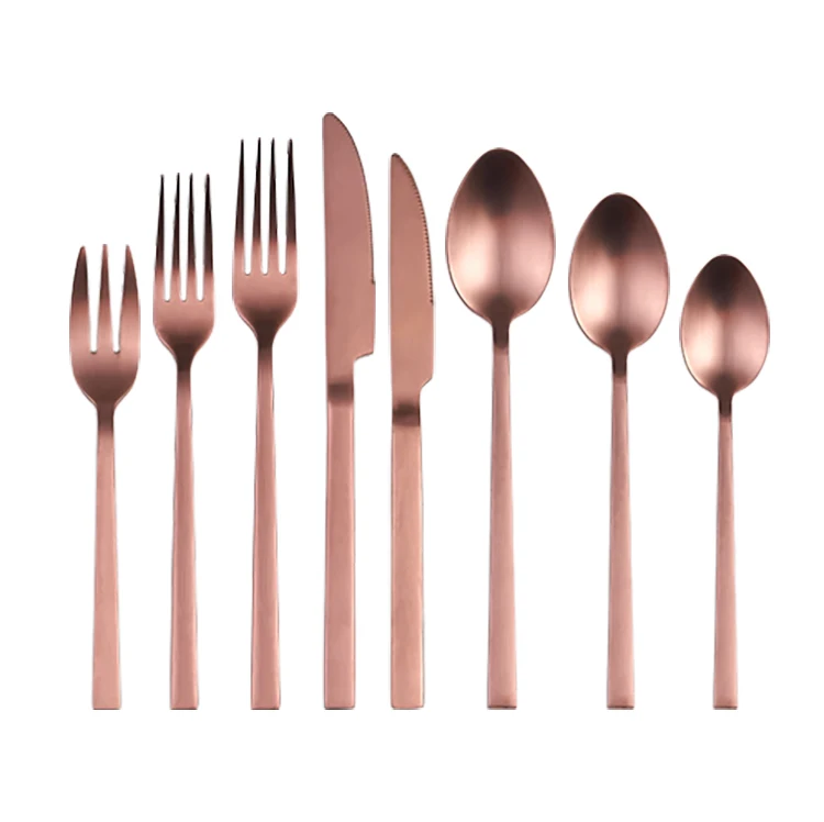 Thick Handle Bronze Copper Flatware Heavy Stainless Steel 18 10 Matte Rose Gold Cutlery Set