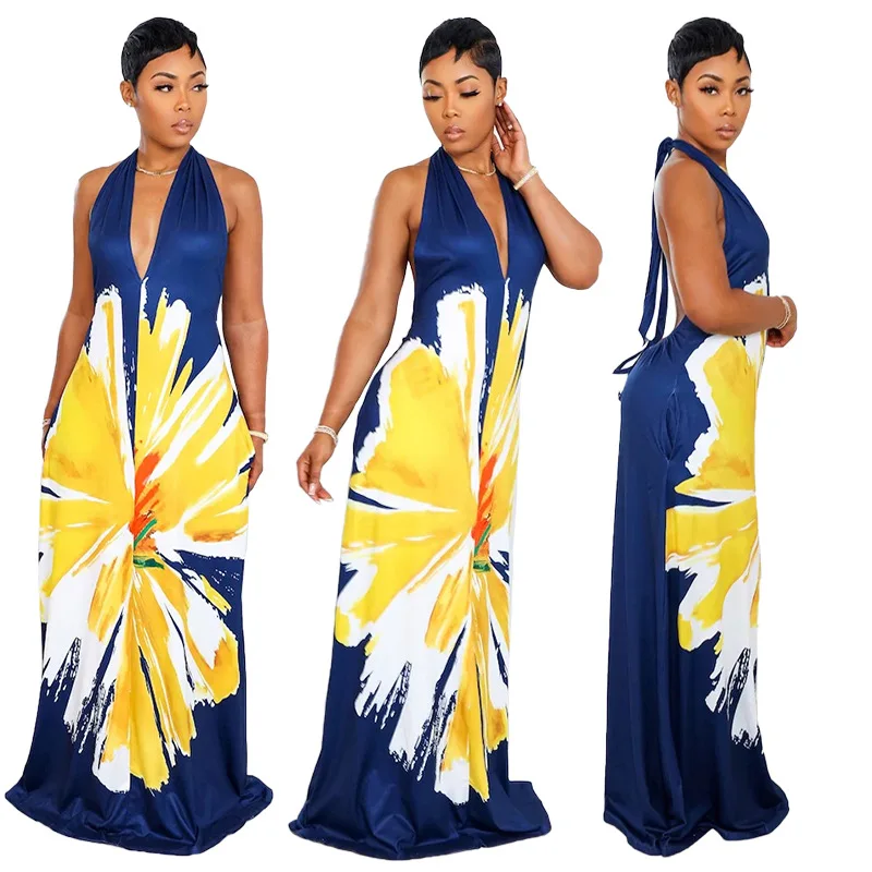 ZOYIAME Sexy Backless Halter Dress Casual Bohemian Print Long Dress Women Summer Maxi Open Back V-Neck Floral Pattern Dress 2023