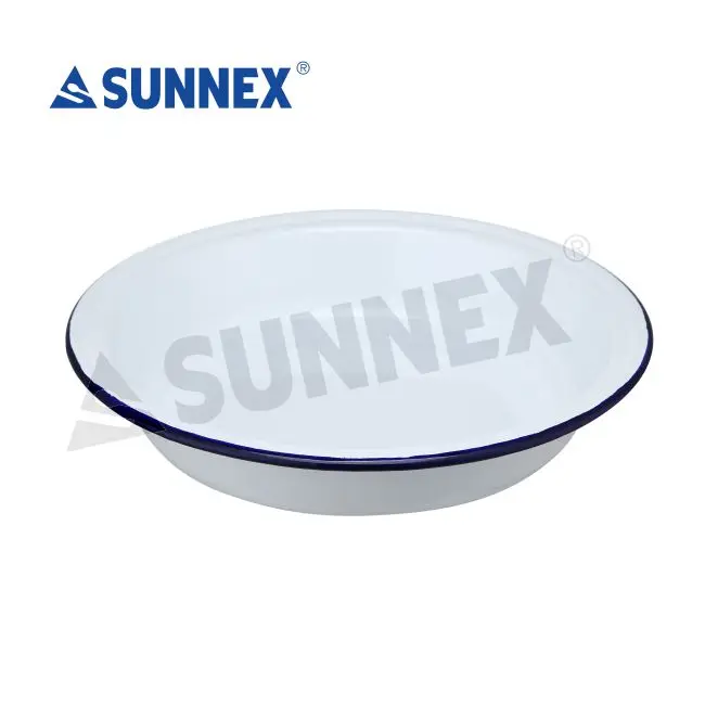 Sunnex Low MOQ Customized Coffee Cup Blue Rim 10oz White Enamel Plate Mug