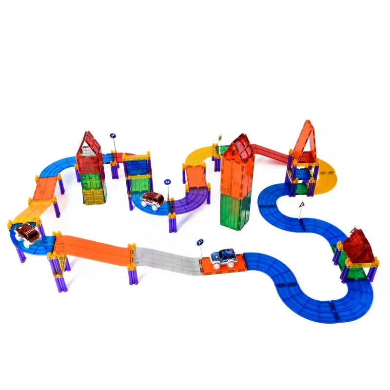 121pcs Race Car Track Building Block Set Magnetic Tiles Magnet Light Up Car STEM Learning Construction Kit