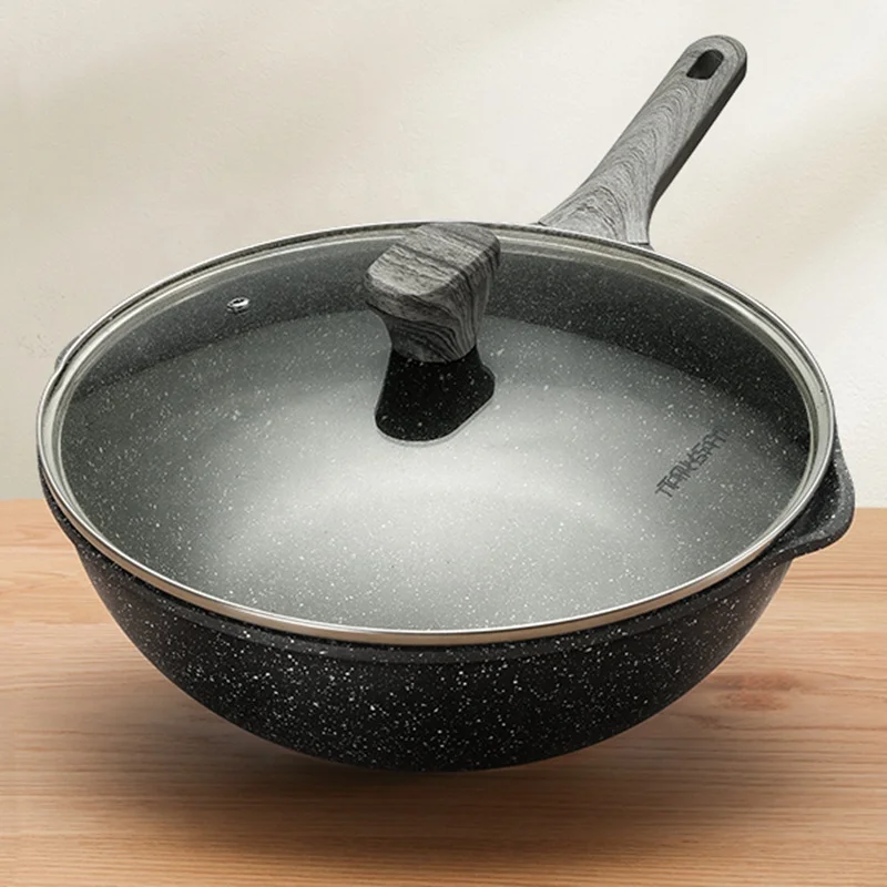 Die-Casting Alu Nonstick Stir Fry Pan Beige Black Marble Pattern 30 cm 12-Inch Wok
