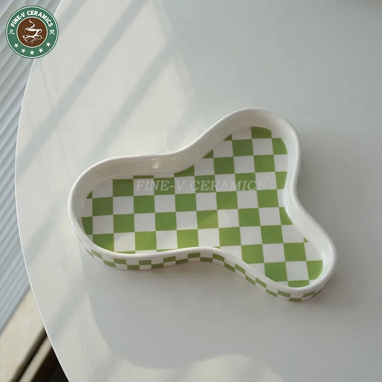 multifunctional decorative storage dish aromatherapy jewelry dessert tray tab Nordic black and white checkerboard ceramic plate