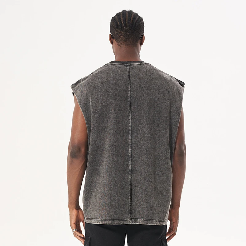 new style acid washed sleeveless cotton t-shirt for men retro washed cut raw edge oversized summer tank top
