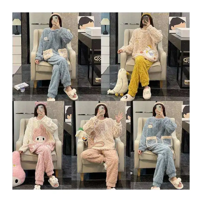 Supplier Winter Pajamas Women Set Classic Flannel Warm Home Clothes Simple Style Pullover Round Neck Pajamas