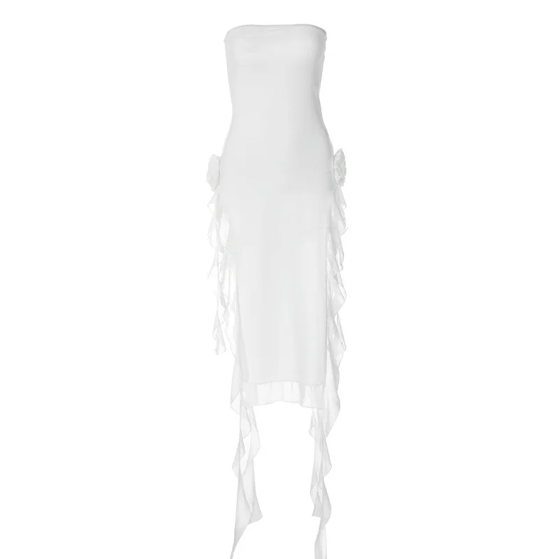 2023 new arrivals women sleeveless strapless ruffles design sexy mesh 3d 3d flowers lace for french wedding dress