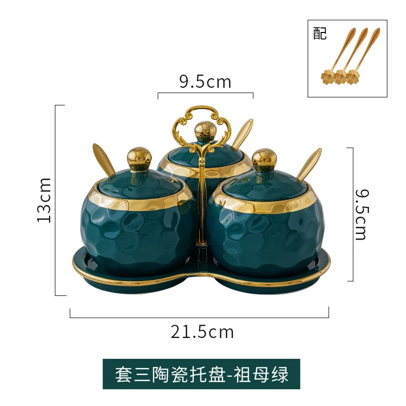 Luxury Kitchen Porcelain Sugar Salt Bowl Condiment Pot Seasoning Jar Box Ceramic Spice Set Jar With Spoon Tray