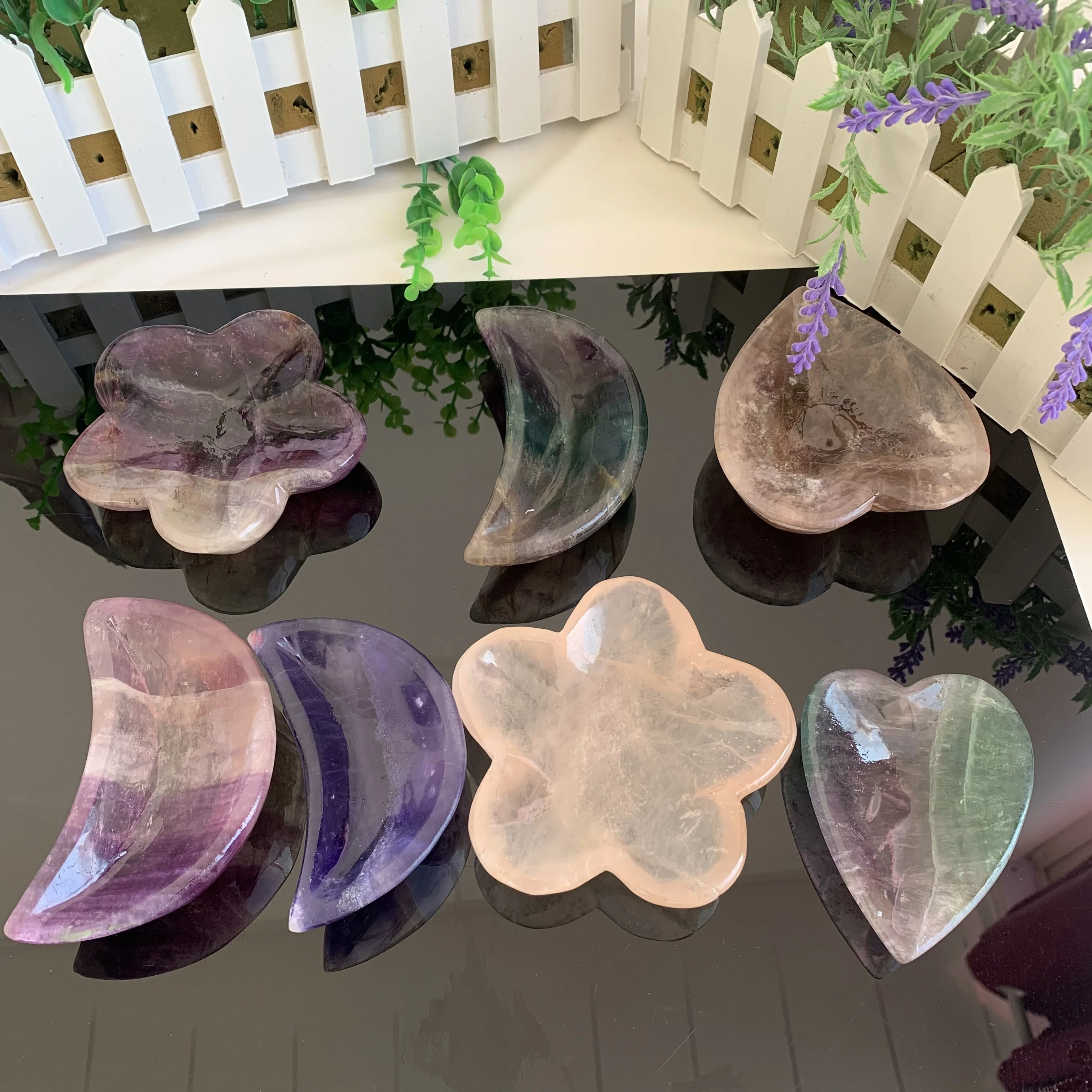 Hot sell cheap price natural hand-carved rainbow Flourite quartz moon flower heart shape bowls for decoration
