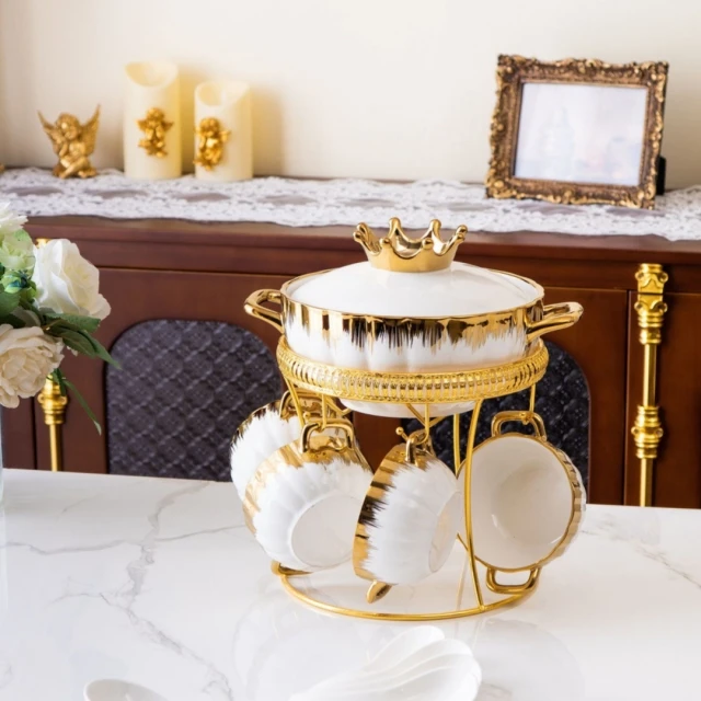 Ceramic Soup Pot With Glass Lid 6 Small Soup Bowls With Handles Home Tableware Serving Golden Black Soup Pot And Bowl Sets