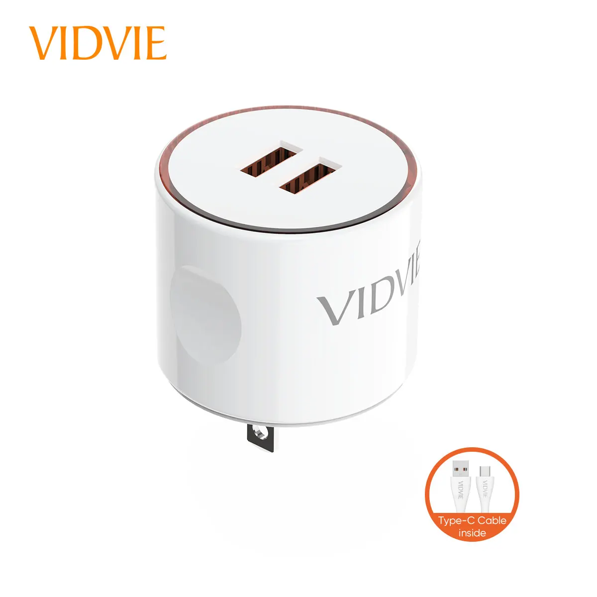 2021 Newest US Charger 12W Output Universal for Mobile Phone, Circle Design Compact Charging Head VIDVIE PLM328 with USB-C Cable