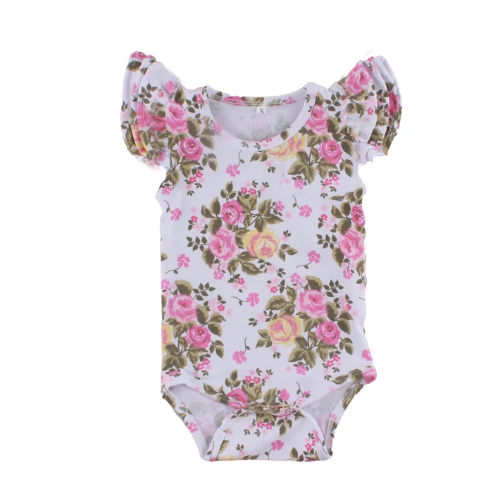 Wholesale Newborn Clothes Colorful Floral Short Sleeve Plain  Baby Flutter Sleeves Romper with Headbands