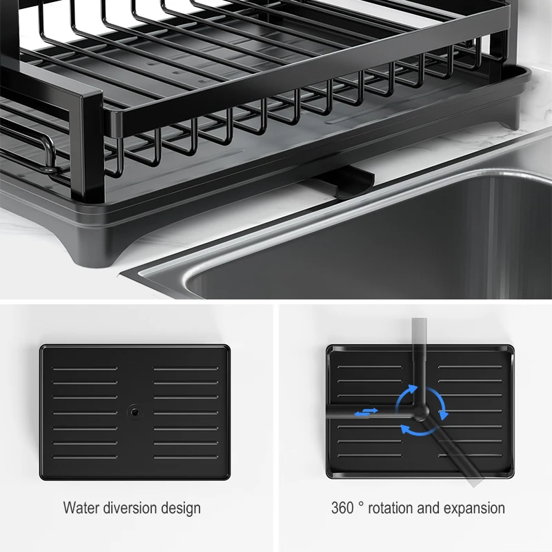 2 Layer Detachable Multifunctional Black Kitchen Shelf Plate Dish Drying Drainer Rack Utensil Storage Holder for Home