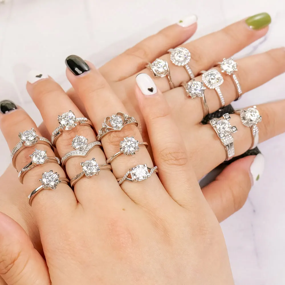 Factory Outlet high quality 925 sterling silver engagement wedding 0.5 1 2ct round adjustable diamond moissanite ring set women