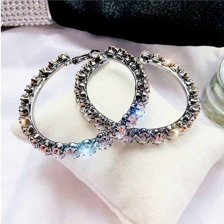 5.5cm 925 Sterling Silver Jewelry Big Circle Shiny Crystal Hoop Earrings Fashion Rhinestone