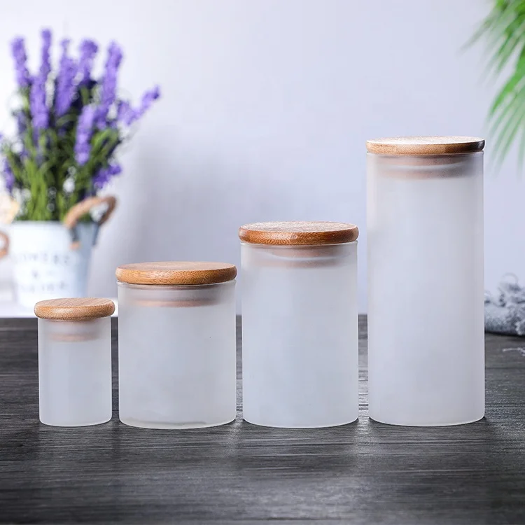 Hot sales white frosted customized candle holder glass candle jar with wooden lid for candle making