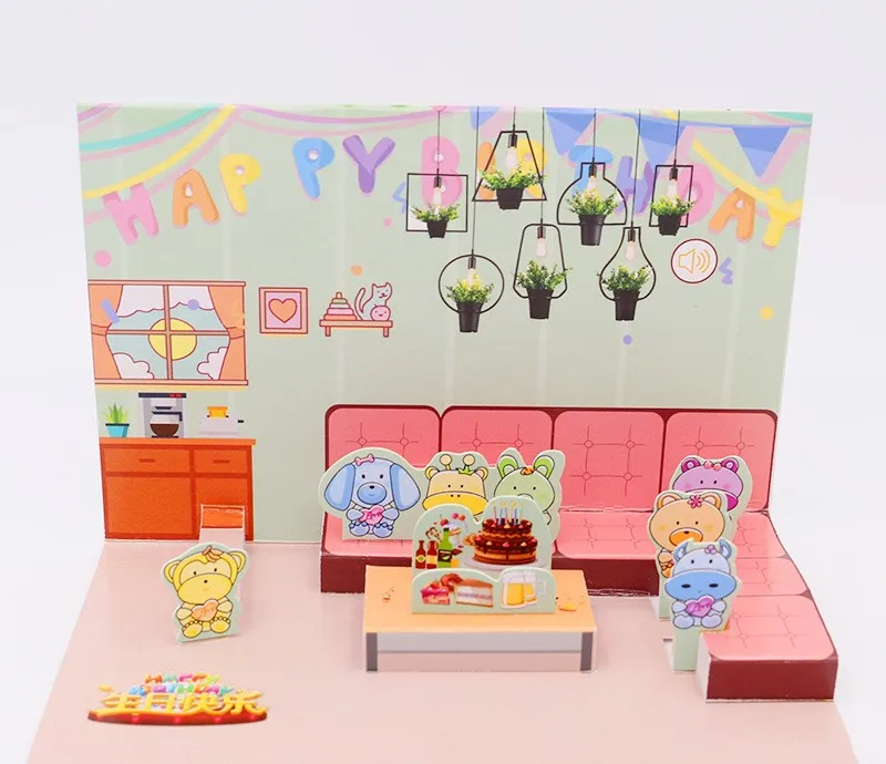 Custom Handmade Unique Music LED Decorating Kids 3D Pop Up Happy Birthday Greeting Cards With Envelopes