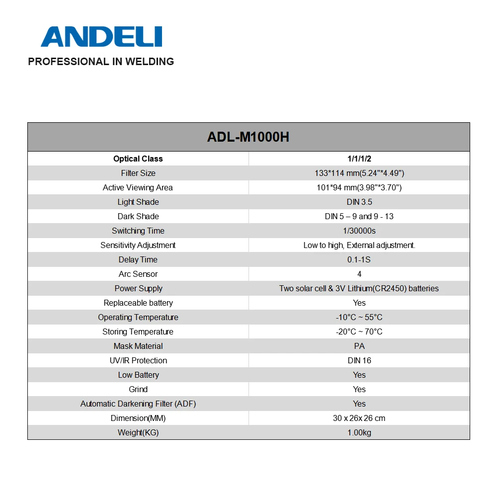 ANDELI ADL-M1000H Сварочная маска с автоматическим затемнением DIN16 TIG MIG MMA маска/шлем/крышка/объектив для сварочного