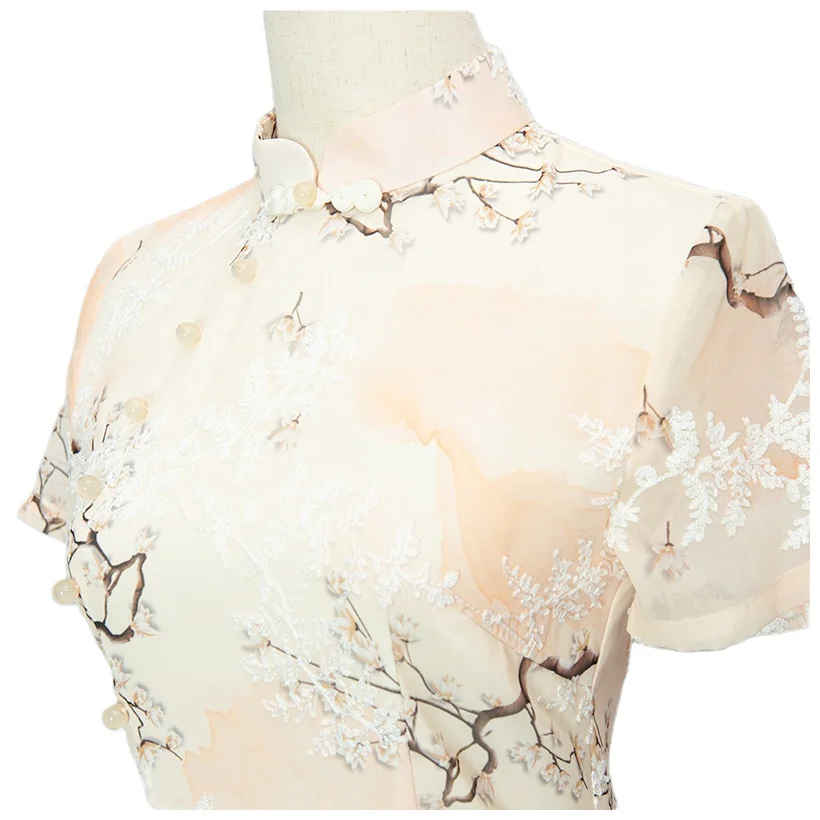 Wholesale High Quality Champagne Multicolor Embroidery Lace Sexy Fancy Fabric Cheongsam