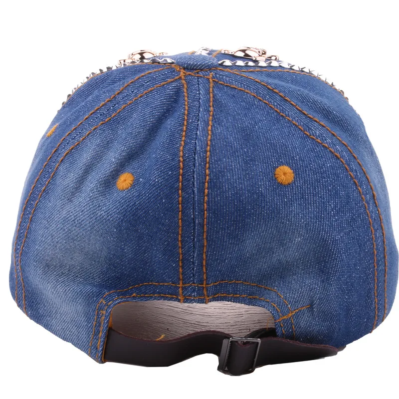 Custom Distressed Denim Cotton Bling Stones Studded Rhinestone Jeans Sports Baseball Hat Cap Sparkle Bling Skeleton Hat