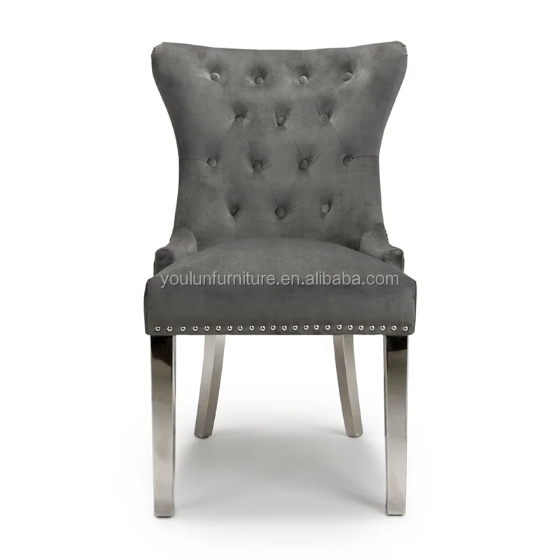 silver stainless steel legs leather grey velvet tufted pattern back dining chairs with lion knocker back