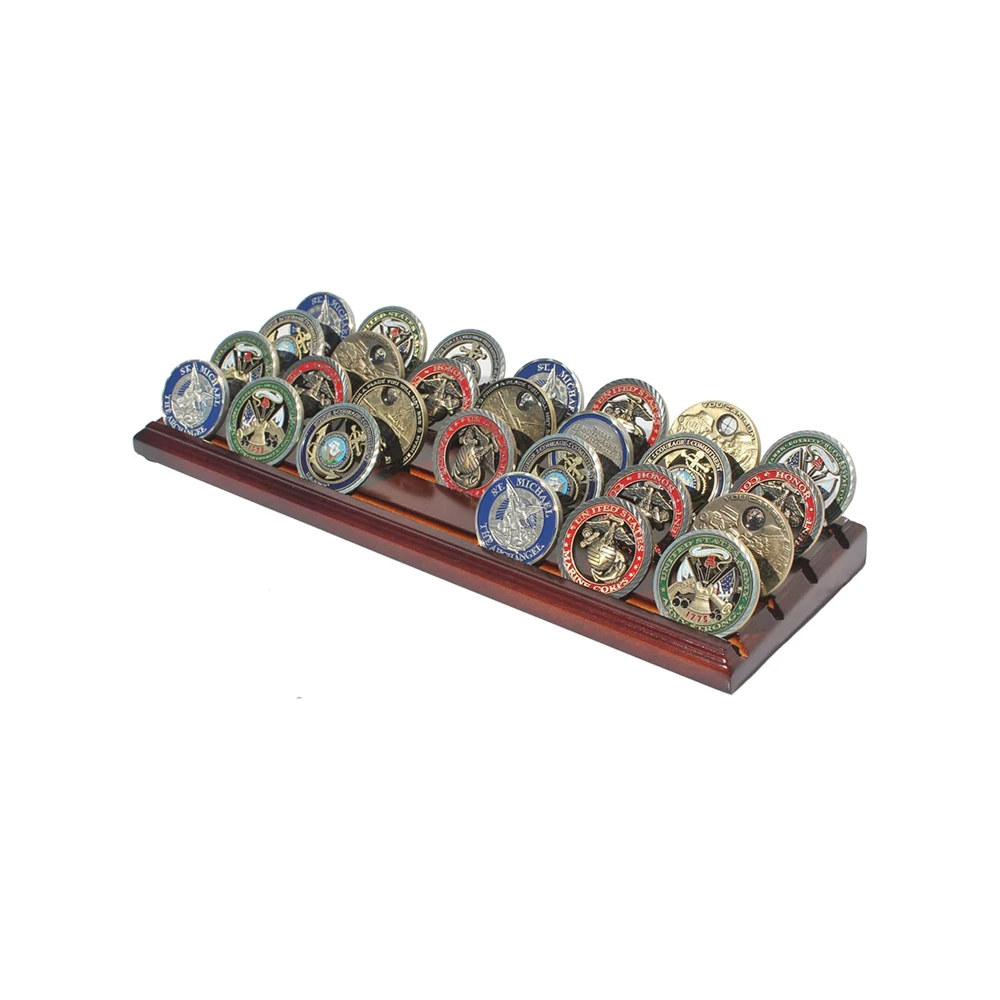 Challenge Coin Display Stand with 4 Row Wooden Holder Rack Case Holds 28 Coins Walnut Finish