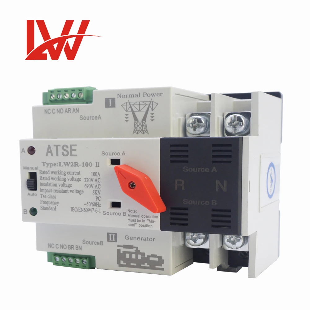LW2R  Din Rail  4P 100A  ATSE Dual Power Automatic Transfer Switch 50/60Hz  Manual Selection