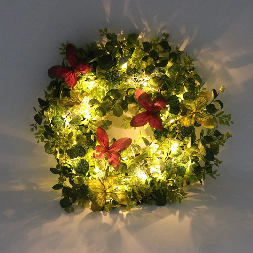 Artificial Christmas Wreath Flocked With Ball Bow Pine Decoration Pre-strung LED lights For Front door or window display