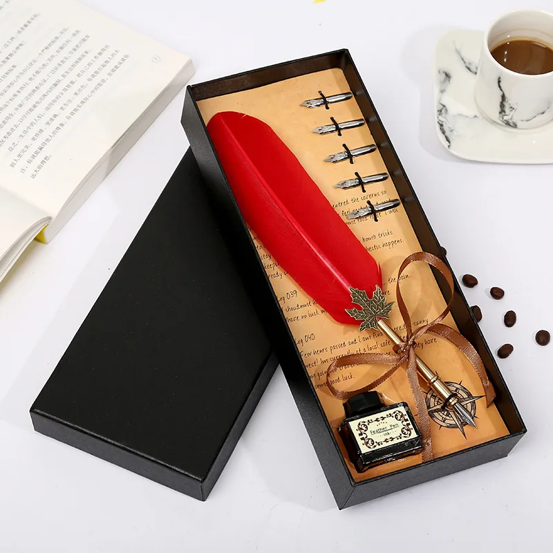 
Shearing leaf rod feather pen gift box student holiday gift stationery set retro dip pen send ink Pen 
