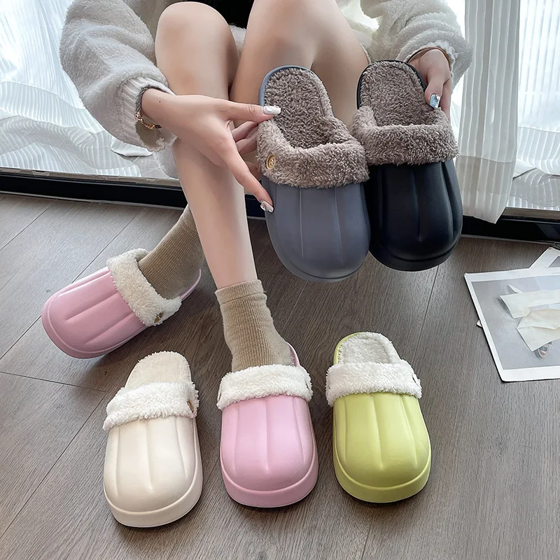 Top Selling Fashion Waterproof Winter Warm Fur Slippers Soft EVA Outsole Toe Women Men Light Weight Spring Autumn Outdoor Use
