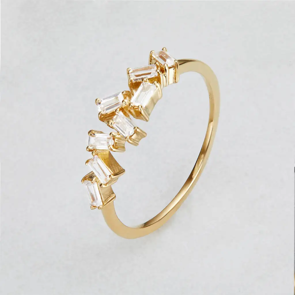 925 Sterling Silver 2022 Gold Baguette Diamond Style Ring Silver