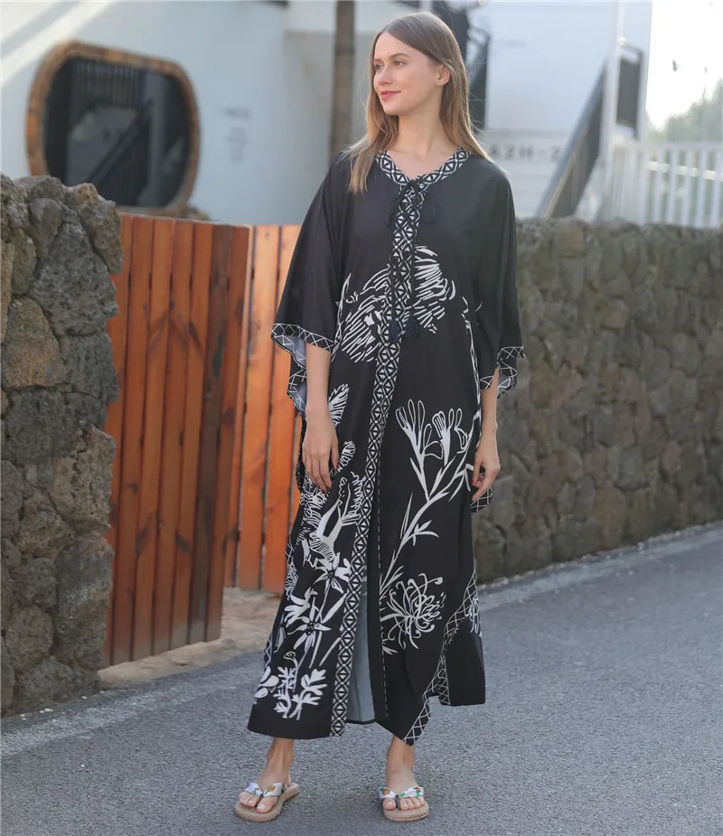 New Arrivals Floral Print Ladies Blouses Summer Women Beach Dress Viscose Black Printed Kimono Scarf