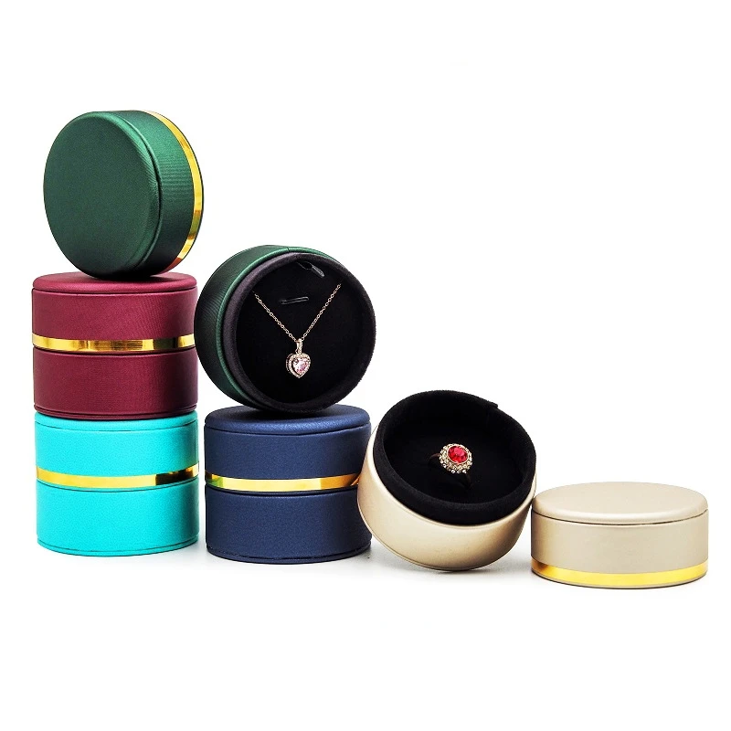 New Personalized Cylindrical Gold Edge Wedding Ring Jewelry Packaging Ring Pendant Gift Storage Box PU Leather Jewelry Box