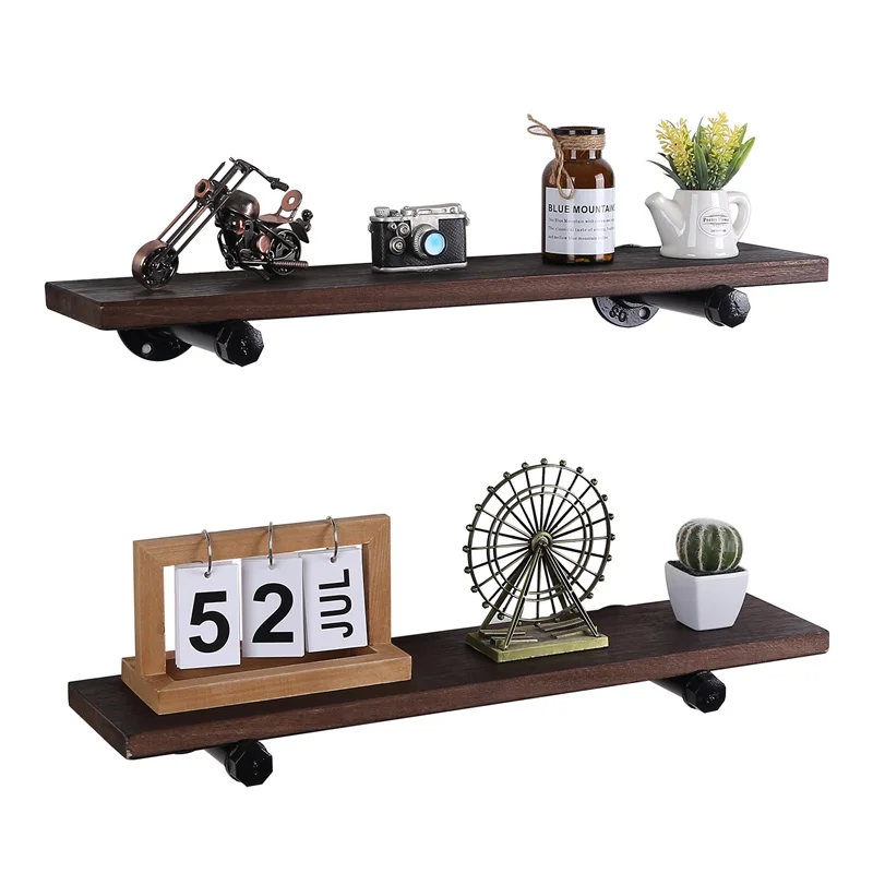 Rustic Wooden Floating Wall Shelves For Kitchen Living Room Industrial Wood Shelf with Iron Pipes Interior Decor Wall Storage
