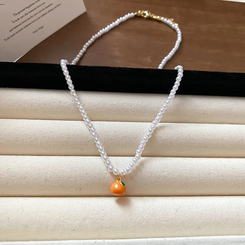 Real Gold Electroplated Pearl Fruit Series Pendant Necklace French Sweet Design Clavicle Chain Fashion Elegant