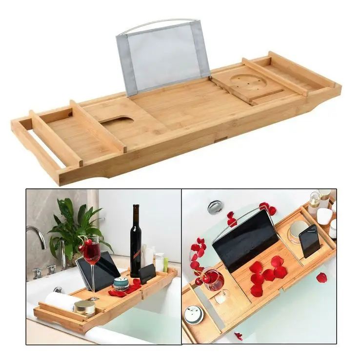 Expand Bamboo Bathtub Caddy Bath Serving Tray Bathroom Shower Organizer bamboo bathtub caddy tray