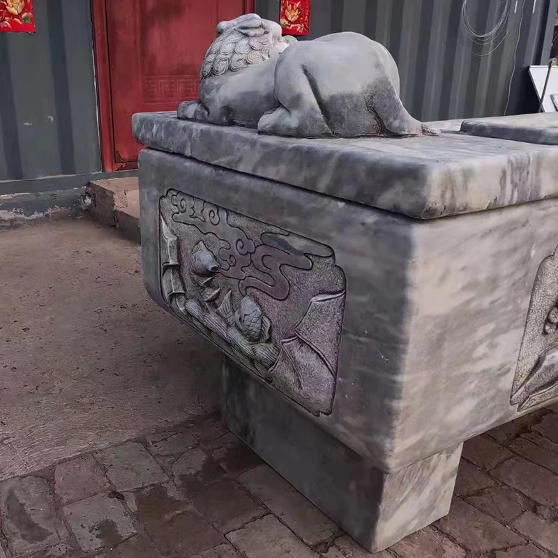 China Ancient Stone Carving Crafts Carved Blue stone  cylinder old manger flowing water ornaments Carving lion manger with stone