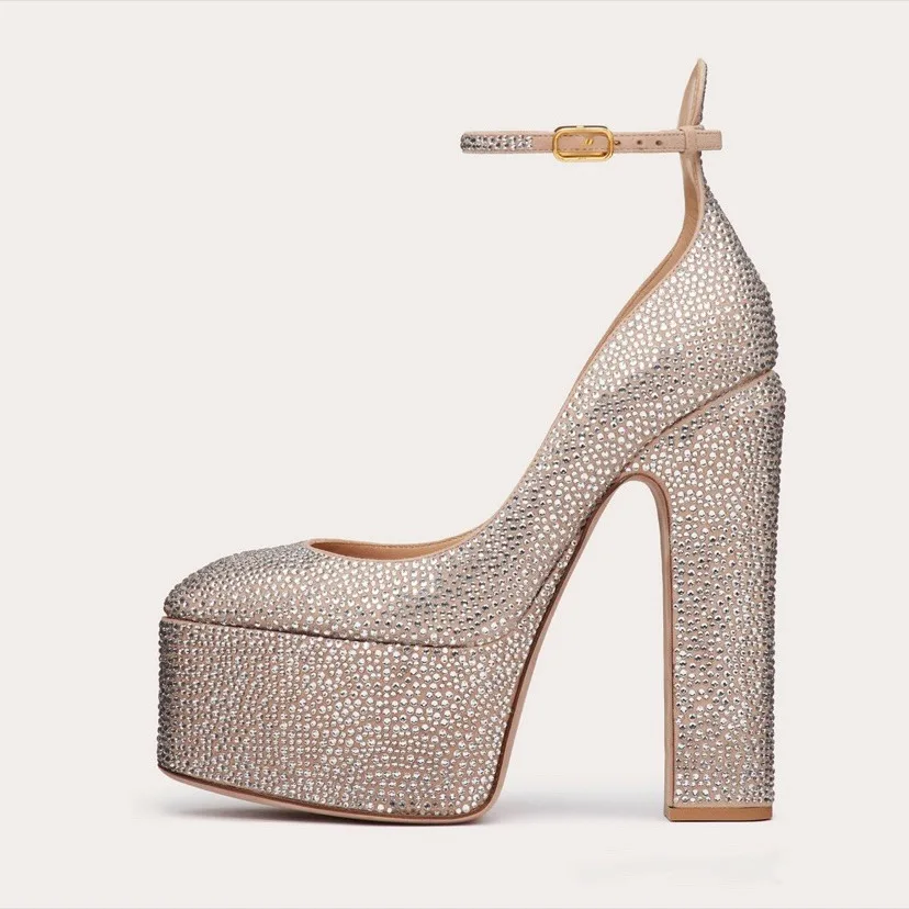 Custom Party Night Club Wedding Shoes Silver Handmade Rhinestone Round Toe Chunky Platform  Heels