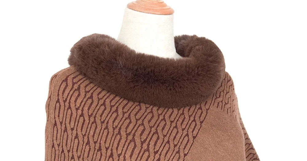 
Wholesale Faux Rabbit Collar Pullover Knitted Cape Ladies Wool Crochet Fur Poncho Sweater Women Winter Shawl Wrap 