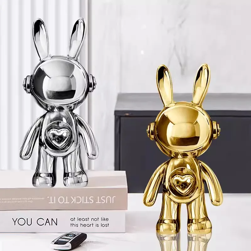 Modern Art Silver Outer Space Astronauts Statue Decoration Headphone Rabbit Statue Biberglass Resin Sculpture