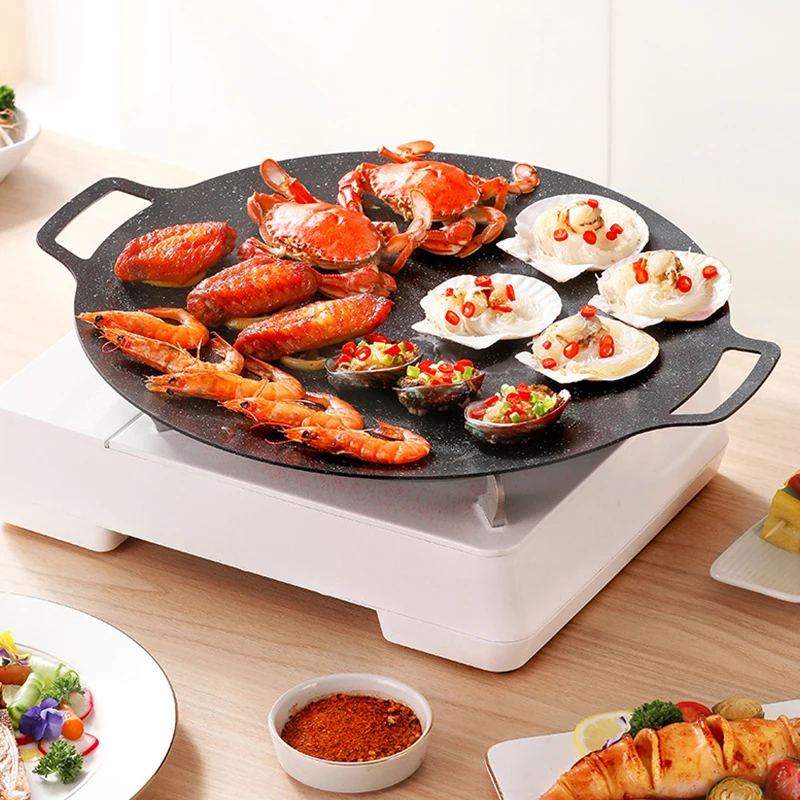 Wholesale Custom Korean Non Stick Cast Metal Round Frying Pre BBQ Baking Griddle Outdoor Camping Cooking Grill Pan