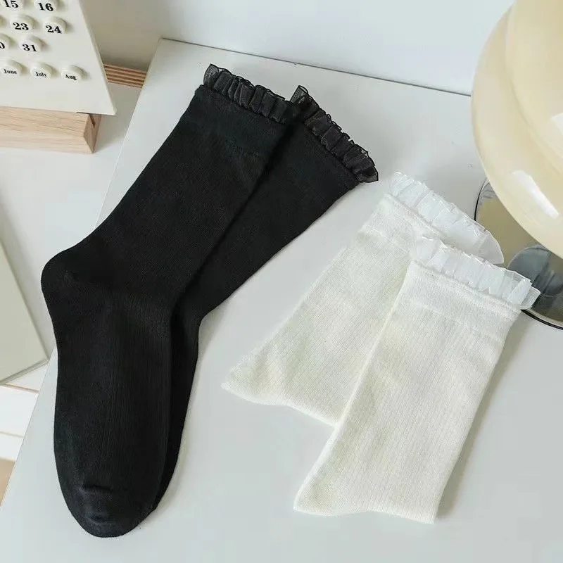 Cotton Breathable Women Socks Sweet And Cool Girl Lace Mid Tube Trendy Socks  Lace Pile Female Slouch Socks