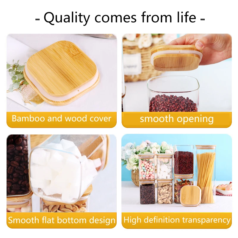 Glass Storage Canister with Wooden Lid Set of 7 Square Glass Jars with Bamboo Lids, Glass Food Storage Containers for Pasta