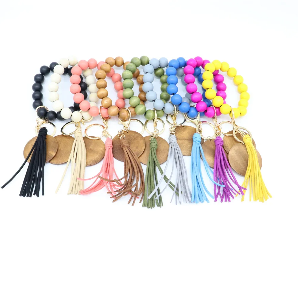 Handmade elastic colorful custom wood beads tassel bracelet keychains