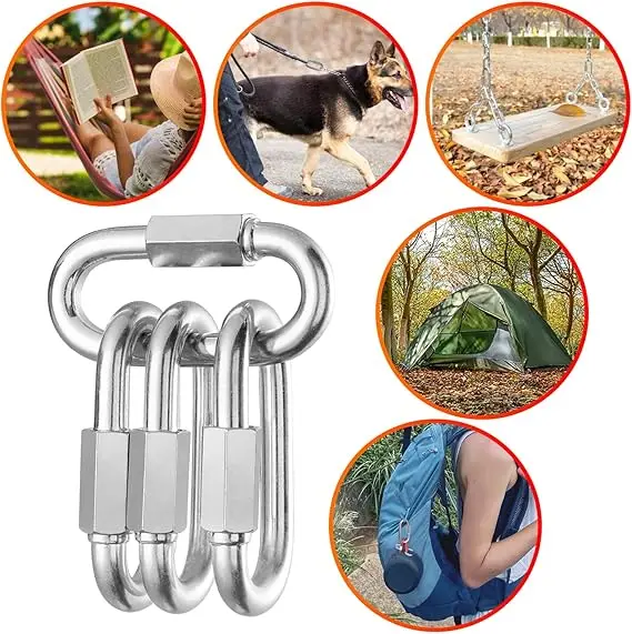 Stainless Steel Quick Link Oval Locking Carabiner Connector for Pet, Backpacks, Key Ring, Dog Leash, Water Bottles