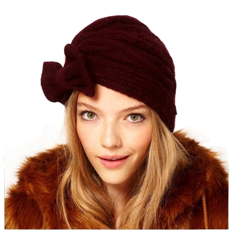 2022 New Winter Hat For Women Fashion Big Bow Beanie Turban Hat Knit Bonnet Femme