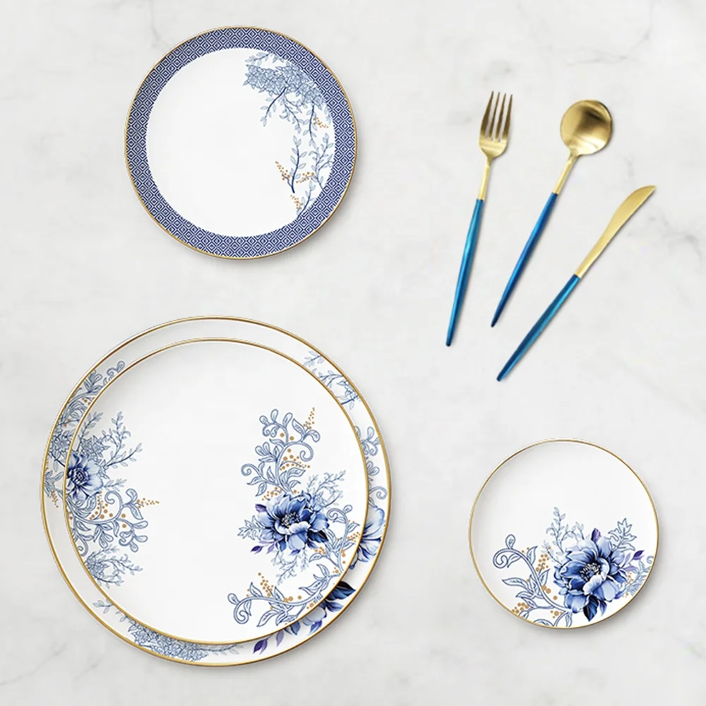 Керамический фарфоровый обеденный набор JK с золотым ободком и синими цветами, свадебные сервировочные блюда из костяного фарфора, керамические тарелки